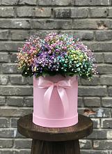 Цветочная композиция из Гипсофила и Розы в шляпной коробке в Осташево