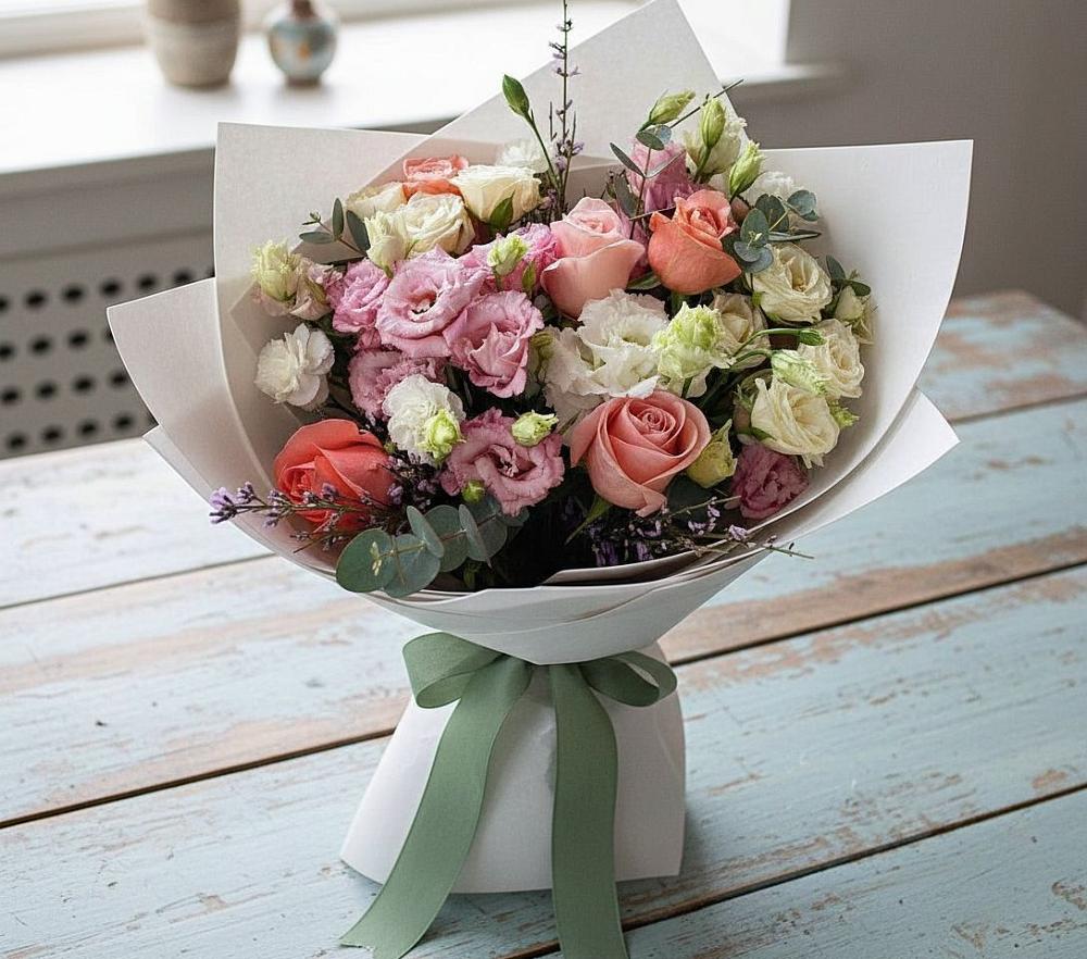 Букет цветов из: Розы, Лизиантусы и Гвоздики в Осташево