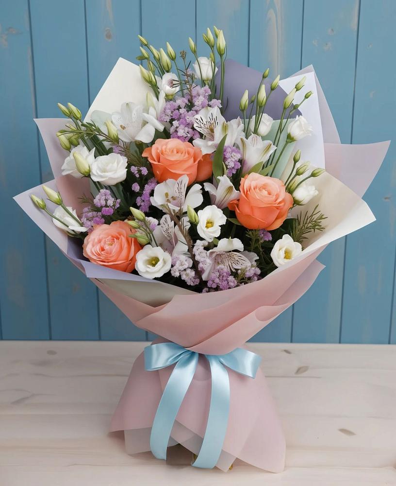 Букет цветов из: Лизиантусы, Розы, Альстромерии и Гипсофила в Осташево