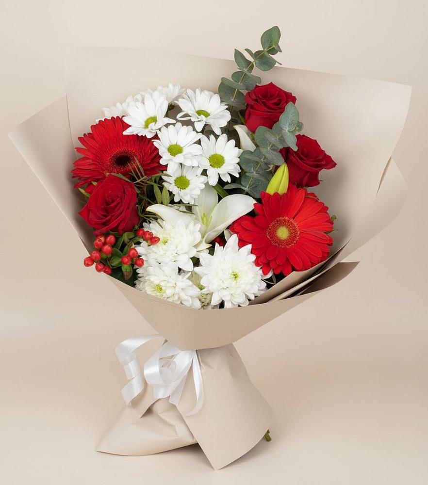 Букет цветов из: Розы, Хризантемы, Герберы и Лилии в Осташево