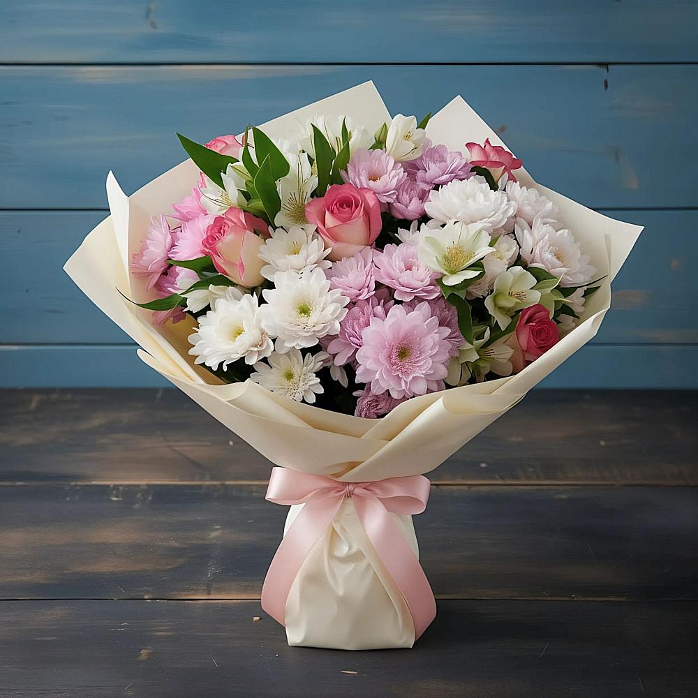 Букет цветов из: Хризантемы, Альстромерии и Розы в Осташево